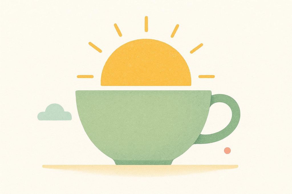 A graphic showing a half-circle yellow sun with rays rising above a green coffee cup, representing morning routines. A small blue cloud floats to the left, and a tiny orange dot is to the right.