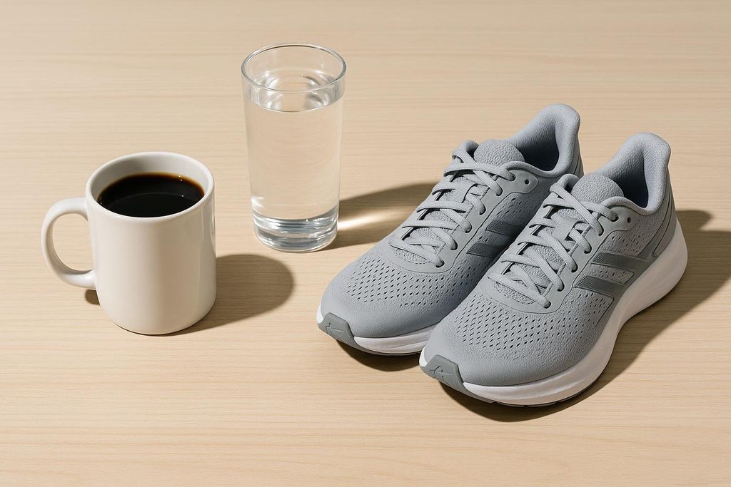 A mug of black coffee, a glass of water, and a pair of gray running shoes are arranged on a light wooden surface. This setup represents essentials for a fasted cardio workout.