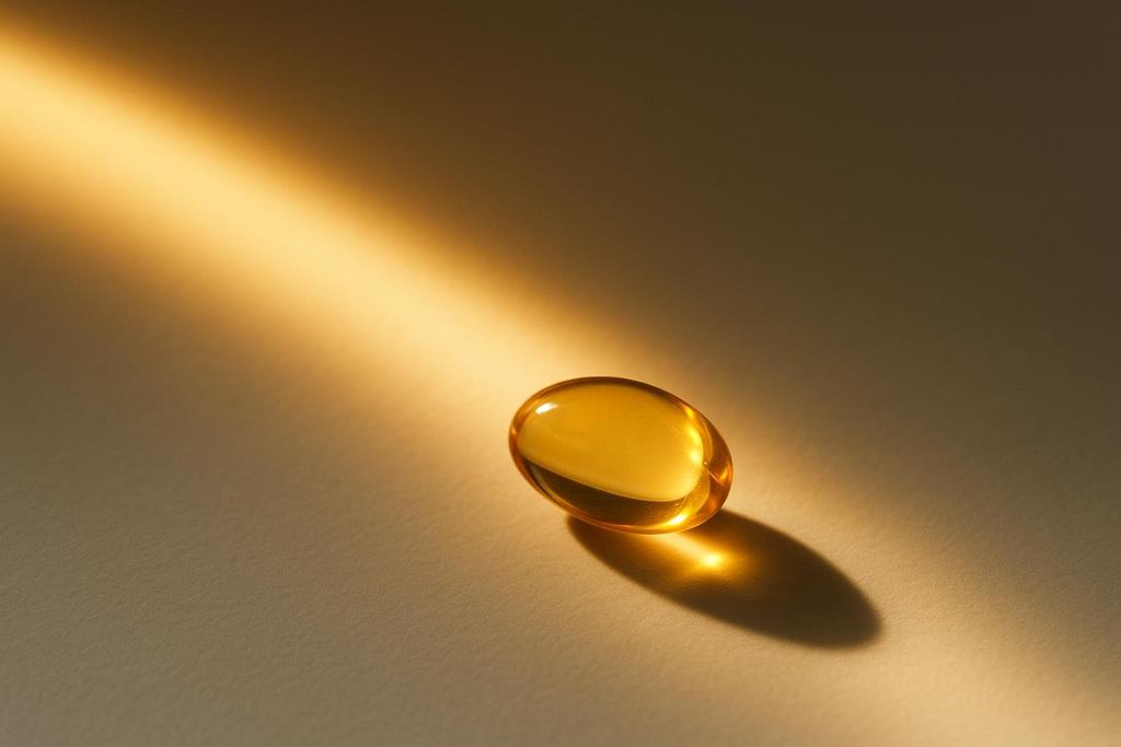 A golden, oval Vitamin D softgel capsule lying on a light surface, illuminated by a warm diagonal ray of light, creating a distinct shadow.