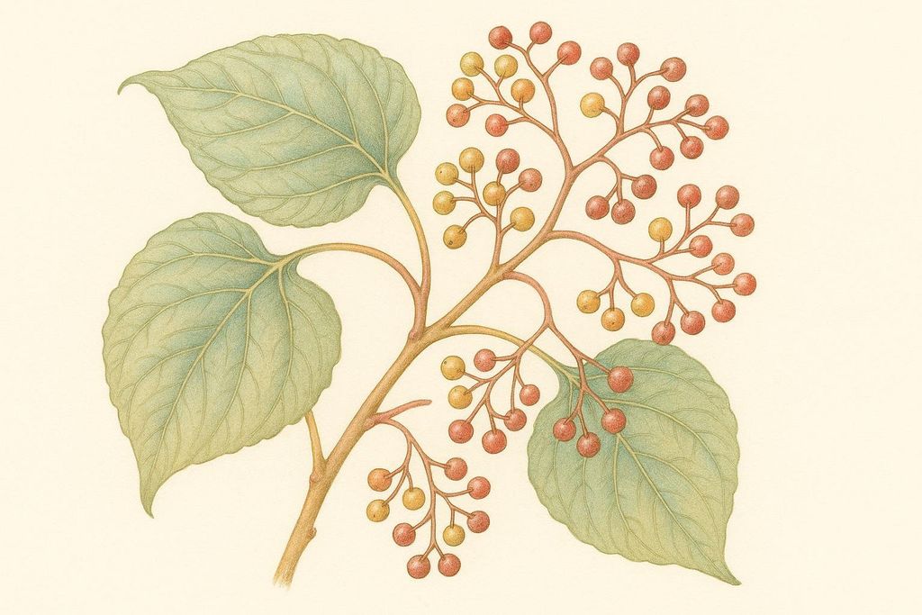 A detailed botanical drawing of a Japanese Raisin Tree branch, featuring green leaves and clusters of both ripening yellow and mature red berries against a light background.