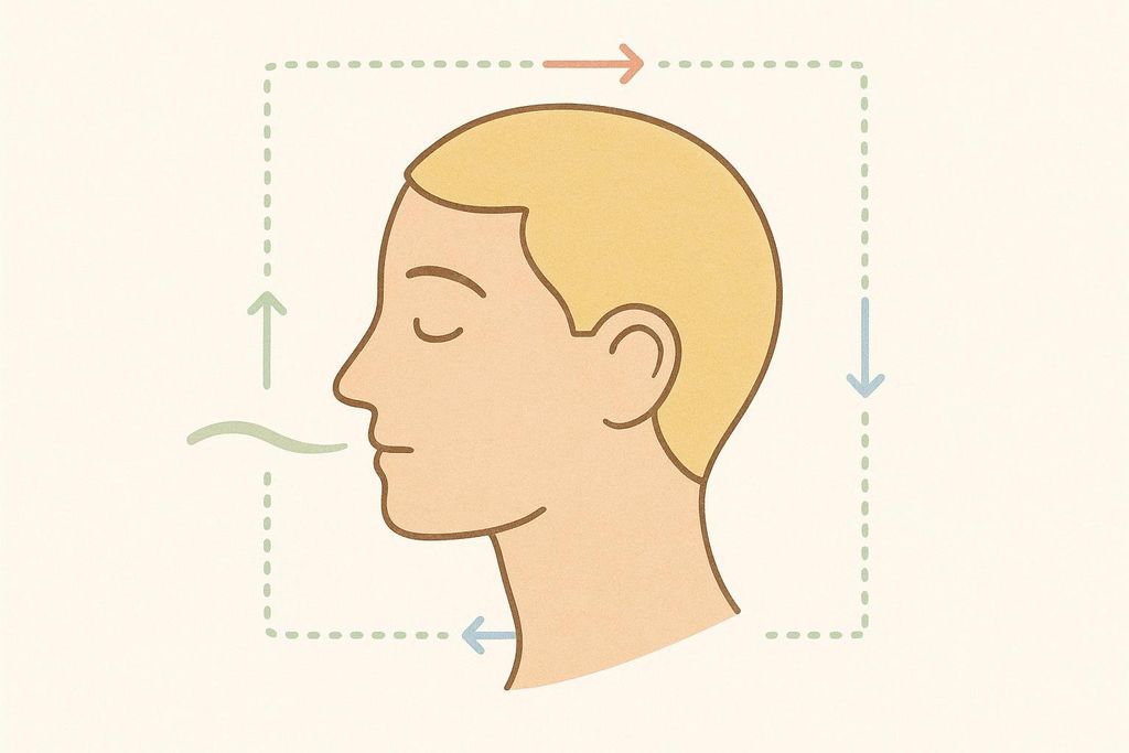 A minimalist illustration demonstrating the box breathing technique, with a human head in profile and arrows indicating inhaling, holding breath, exhaling, and holding breath again around a dotted square.