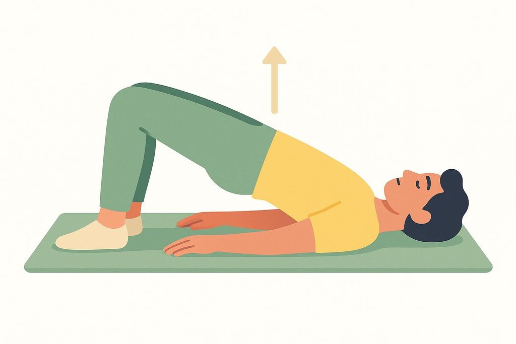 Vector drawing of a person performing a glute bridge exercise, lying on their back with knees bent and feet flat, pushing their hips upwards. An upward arrow indicates the direction of the movement.