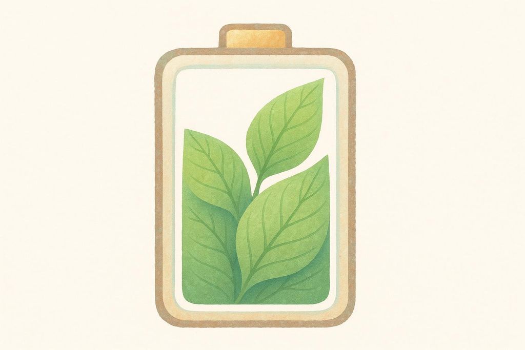 A stylized battery icon with the charge indicator filled with green leaves, suggesting natural energy or a healthy, nutrient-dense power source.