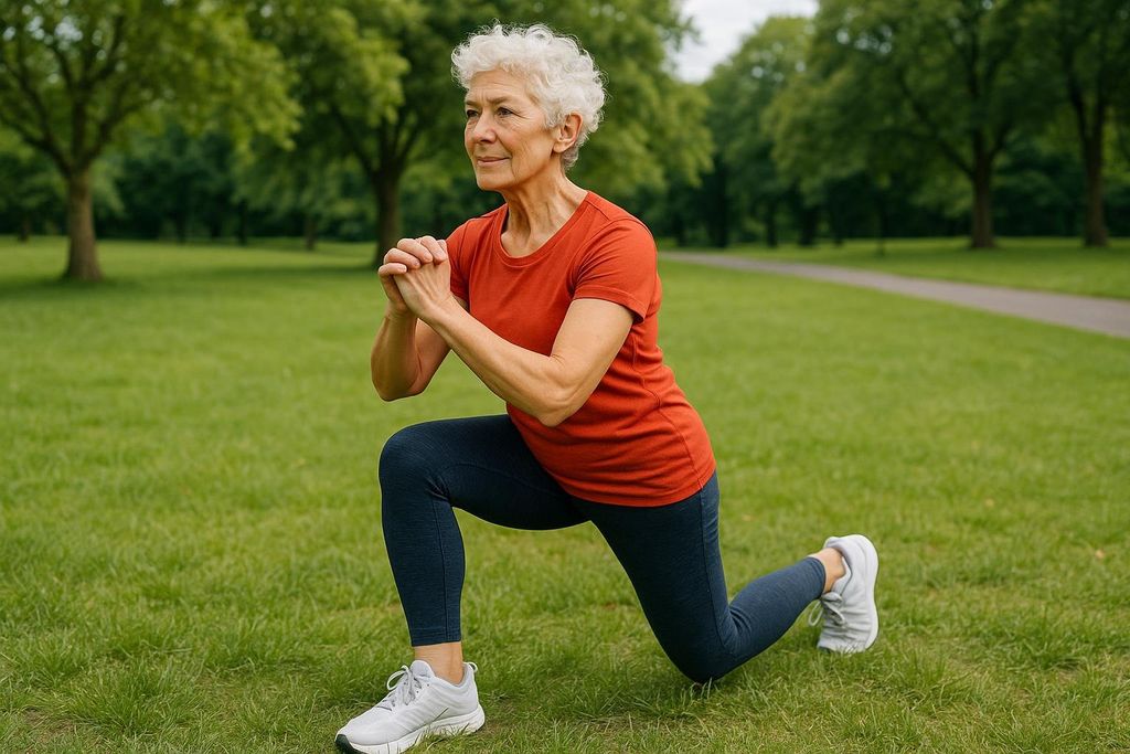 An active older woman with short white hair, wearing an orange t-shirt and dark leggings, performs lunges on a grassy field in a park. Trees and a paved path are visible in the background.