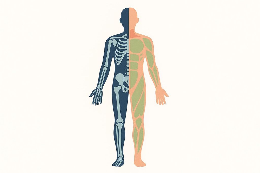 An illustration of a human silhouette, with the left half showing the skeletal structure and the right half showing muscle mass, representing DEXA scan results for bone density and body composition.