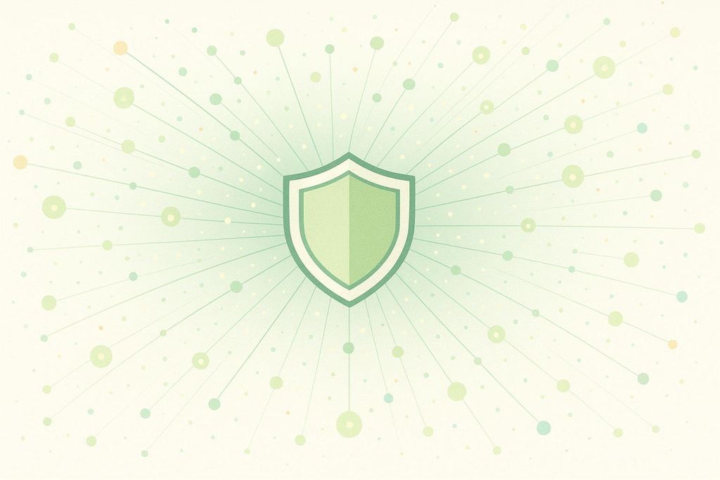 An abstract illustration depicting a central green shield radiating lines towards numerous small, colorful data points, symbolizing a secure and connected network. The background is a light greenish-white with a subtle textured effect.
