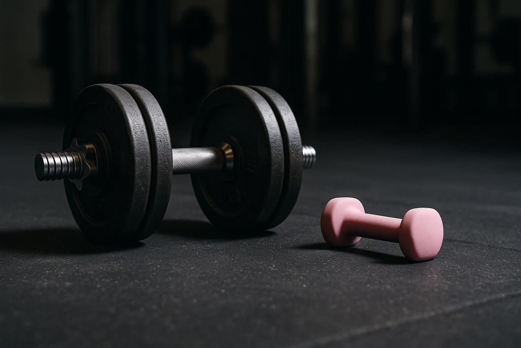 A large, heavy black dumbbell sits next to a small, lightweight pink dumbbell on a dark gym floor, highlighting a stark contrast in size and purpose.