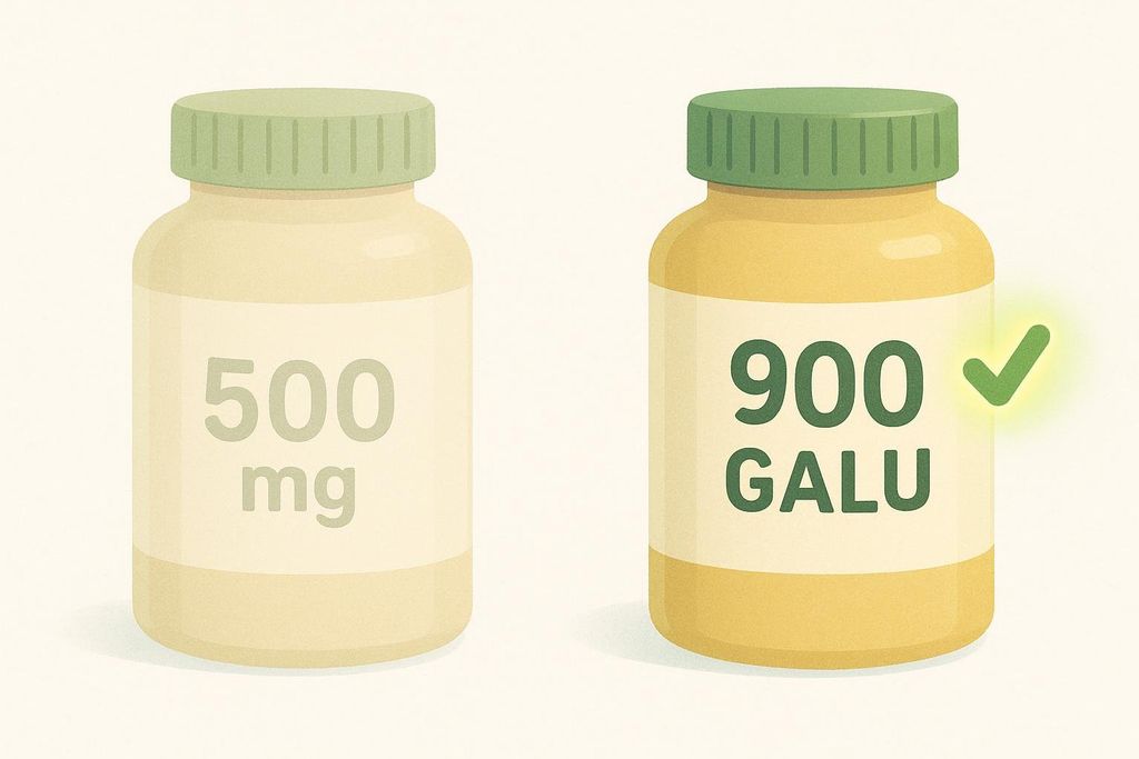 Two supplement bottles are shown with different labels. The bottle on the left has a label that only says '500 mg'. The bottle on the right, with a green checkmark next to it, has a label that says '900 GALU', indicating a clearer activity unit label.