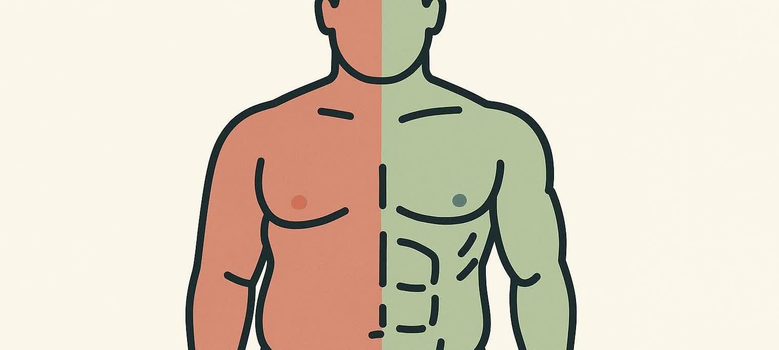Minimalist illustration of split torso showing fat and muscle sections