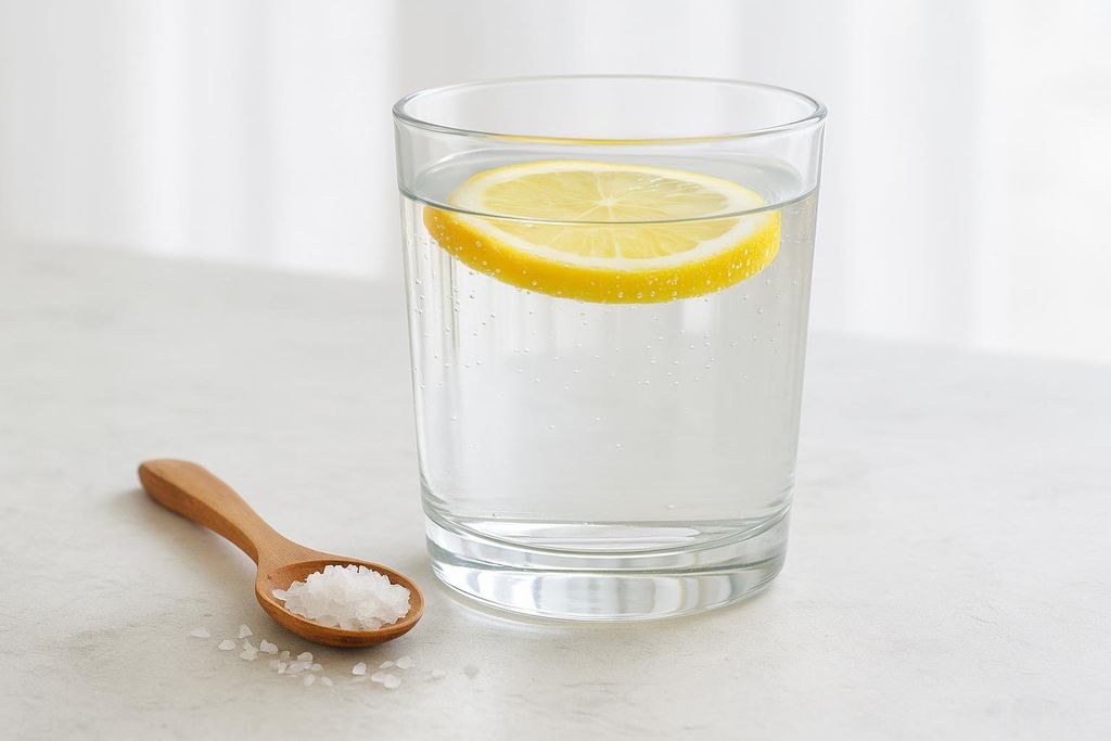 A glass of water with a lemon slice floating on top, and a small wooden spoon next to it holding sea salt crystals. This image suggests using lemon and sea salt for electrolyte replenishment.