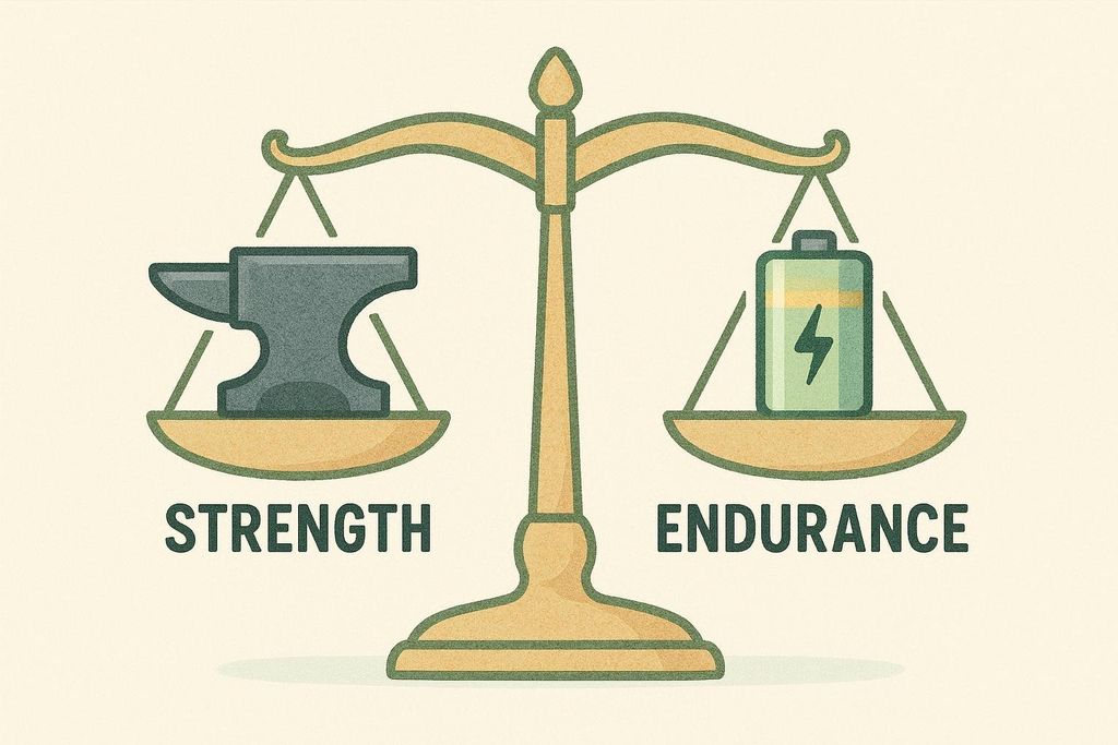 An illustration of a balance scale with an anvil on the left, labeled 'STRENGTH', and a battery on the right, labeled 'ENDURANCE'. The scale is perfectly balanced.