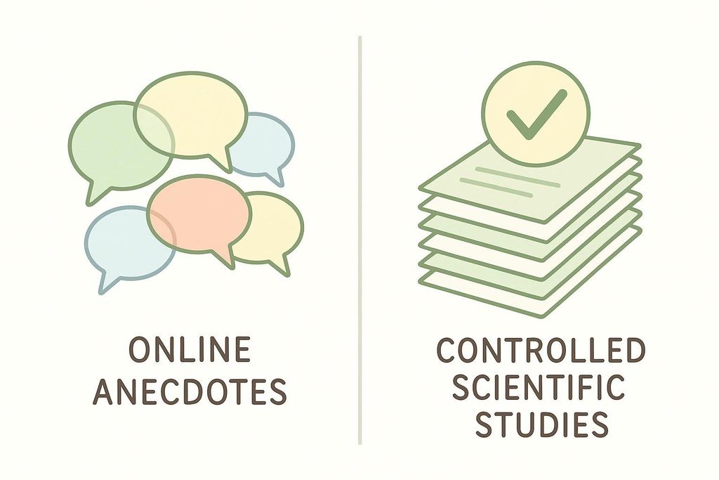 An illustration contrasting chaotic speech bubbles labeled 'Online Anecdotes' with a neat stack of papers topped with a checkmark labeled 'Controlled Scientific Studies', highlighting the difference in reliability.