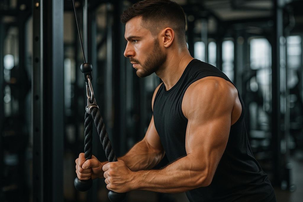 Close-up of a muscular man with a beard and short hair, wearing a black tank top, performing a cable rope press-down. He is holding the cable rope with both hands, positioned in front of him, and his arms show defined triceps and forearms. The background is a blurred gym setting.