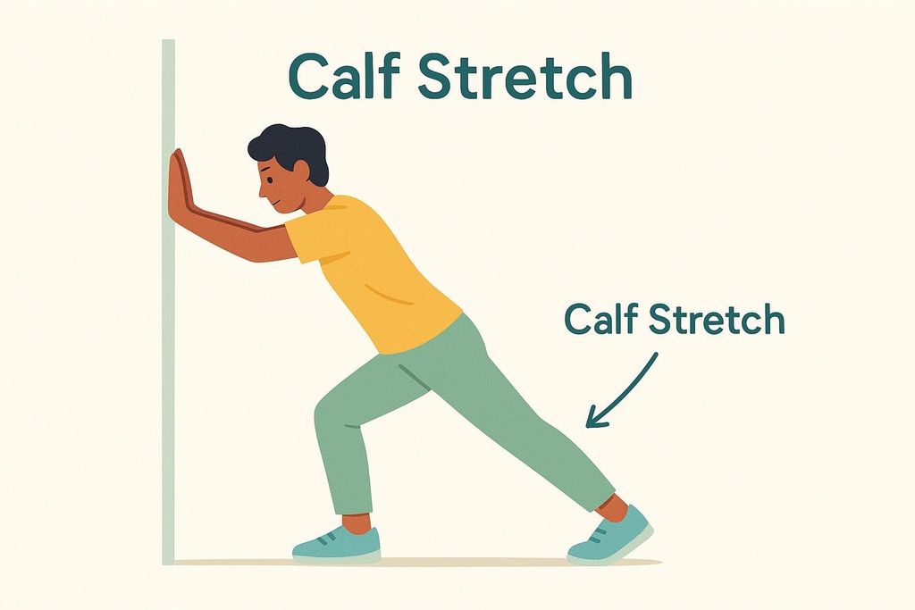 An illustration of a person doing a calf stretch against a wall. The person is pushing their hands against the wall with one leg bent forward and the other leg extended straight back, with the heel on the ground, stretching the calf muscle. The text 'Calf Stretch' appears twice, once at the top and once pointing to the stretched calf.