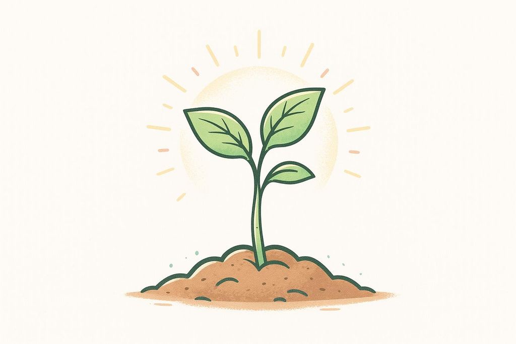 A stylized illustration of a green plant sprout growing from a mound of brown earth, with a yellow sun radiating light in the background.