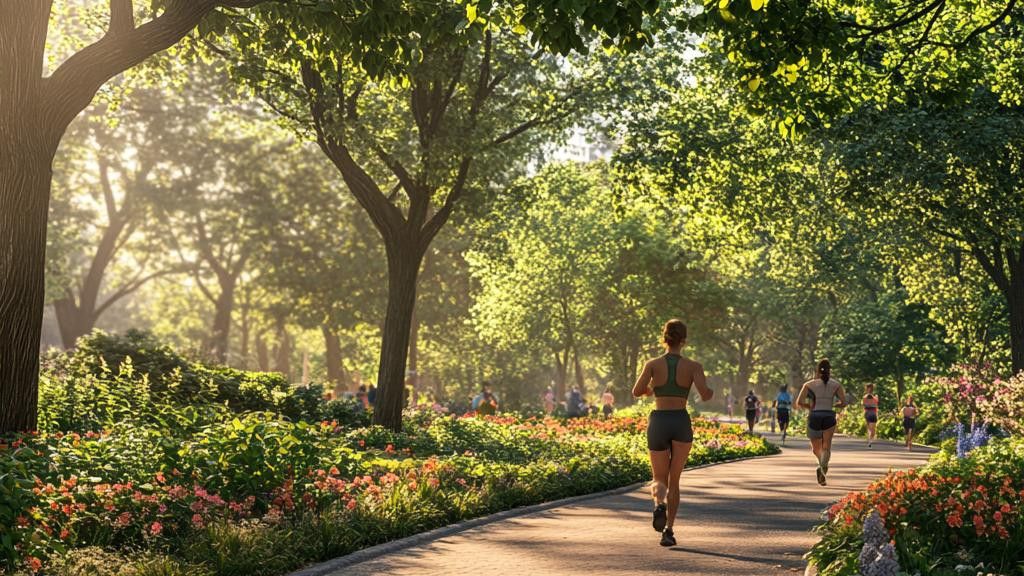 Several people are jogging on a path in a sunlit park in the late afternoon. The path is lined with bushes and small colorful flowers.