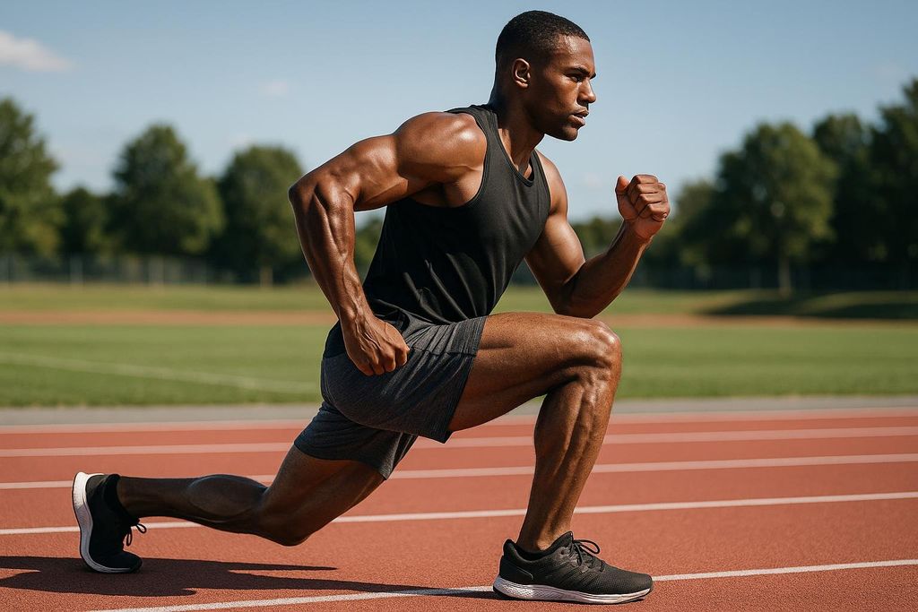 A fit male athlete with dark skin and muscular build is captured mid-lunge on a red running track under a bright sky. He is wearing a black tank top and grey shorts, with his gaze focused forward, indicating intense concentration during his workout.