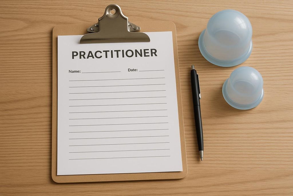 A clipboard with a 'PRACTITIONER' form, a black pen, and two light blue silicone cups are arranged on a wooden desk. The form has fields for 'Name:' and 'Date:'.