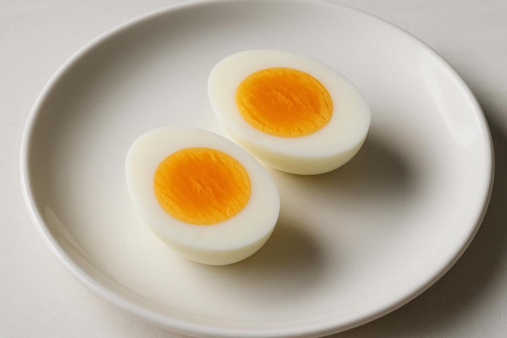 Two hard-boiled eggs sliced in half and placed on a white plate, revealing perfectly cooked orange yolks and white egg whites.