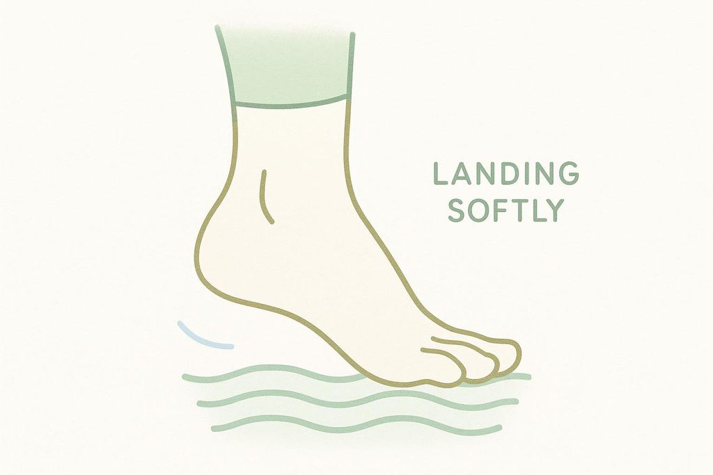 An illustration showing a human foot landing on a soft, wavy surface, accompanied by the text 'LANDING SOFTLY'. This visually demonstrates the safety tip of landing gently during exercise to protect joints, with the wavy lines representing softness or cushioning.