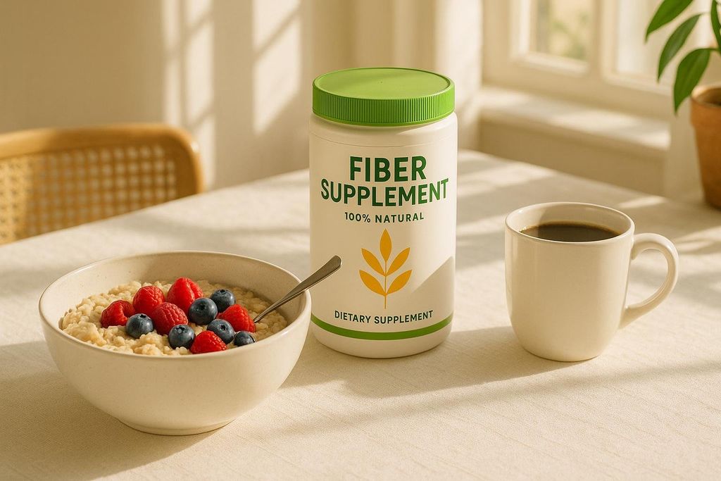 A white container of 'Fiber Supplement' with a green lid, placed next to a bowl of oatmeal topped with raspberries and blueberries, and a mug of coffee. The items are on a light-colored tablecloth, with a window and a houseplant in the background, suggesting a healthy morning routine.
