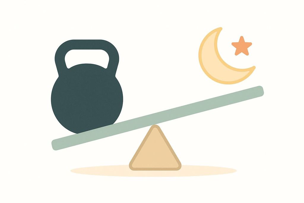 Illustration of an unbalanced seesaw with a heavy kettlebell weighing down one side and a light moon icon high on the other, symbolizing overtraining and an imbalance between effort and rest.