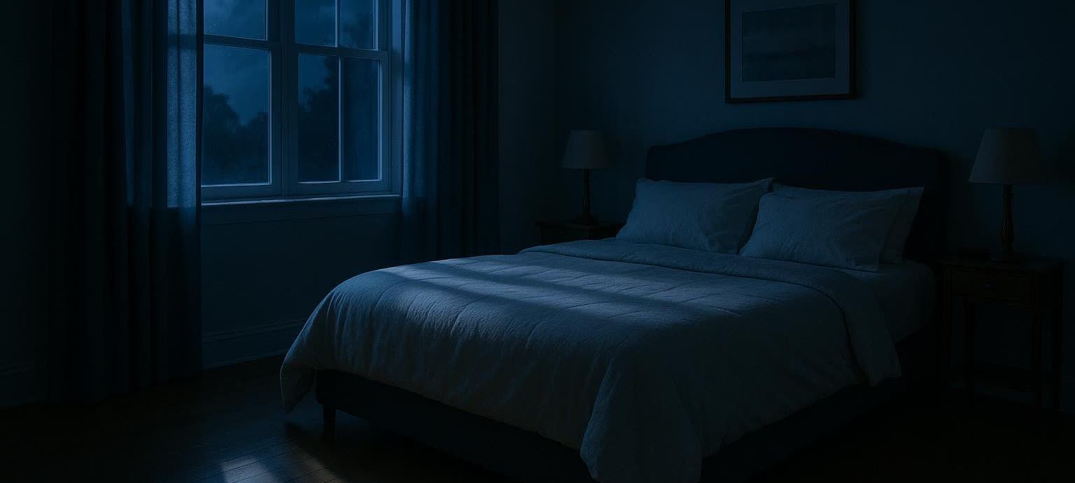 A calm and dark bedroom at night, with moonlight shining on a neatly made bed, looking prepared for sleep.