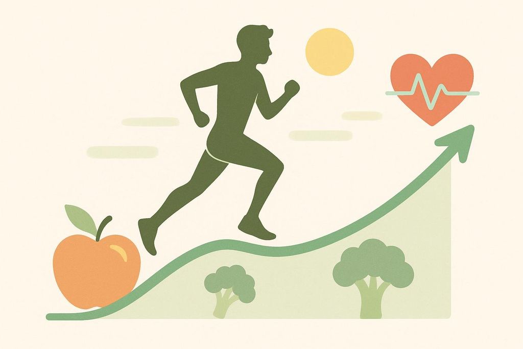 An illustration depicting a silhouette of a runner ascending an upward-sloping graph, representing progress in health and energy. An apple and broccoli symbolize healthy diet, while a sun and a beating heart signify vitality and cardiac health improvement.