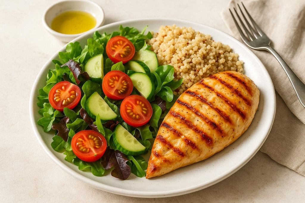 A white plate holds a healthy meal with grilled chicken, a green salad with tomatoes and cucumbers, and a scoop of quinoa. A small bowl of dressing is in the background.