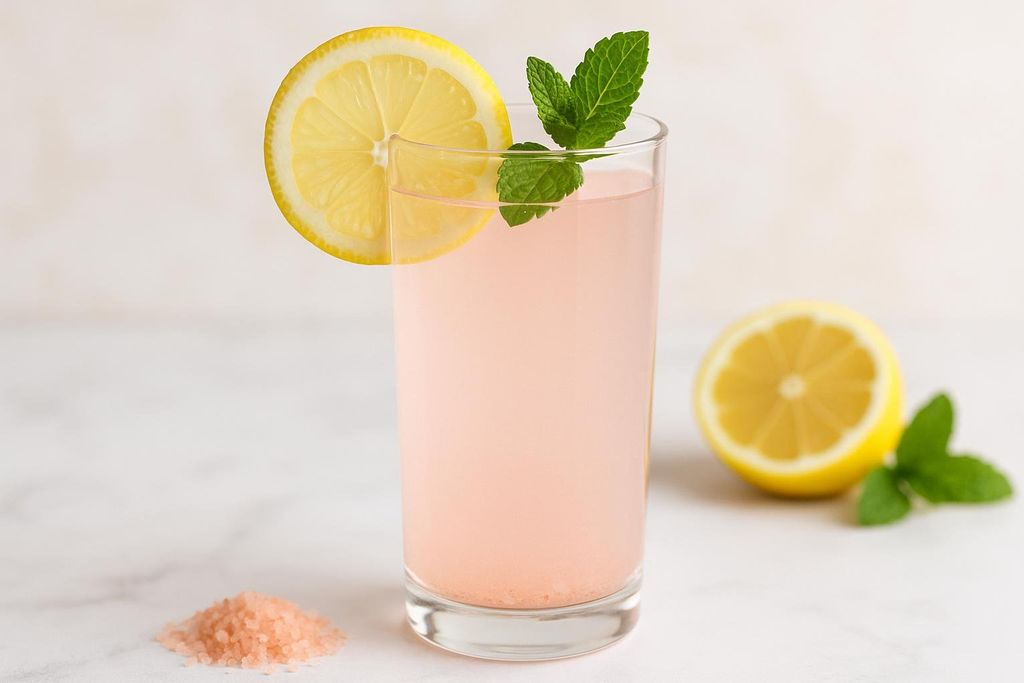 A glass of pink salt lemon water garnished with a lemon slice and mint leaves, with pink salt and half a lemon in the background.