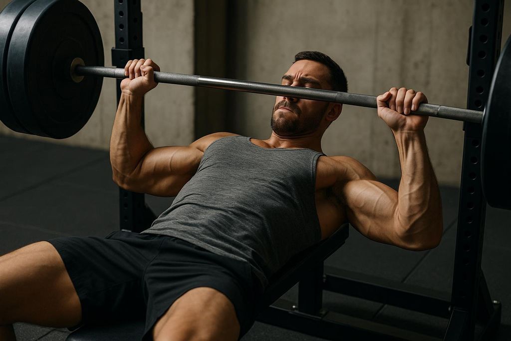 An athlete performs a controlled bench press, demonstrating the importance of tempo in strength training. The man, with a focused expression, is holding the barbell just above his chest on a weight bench, showcasing well-defined arm and shoulder muscles.