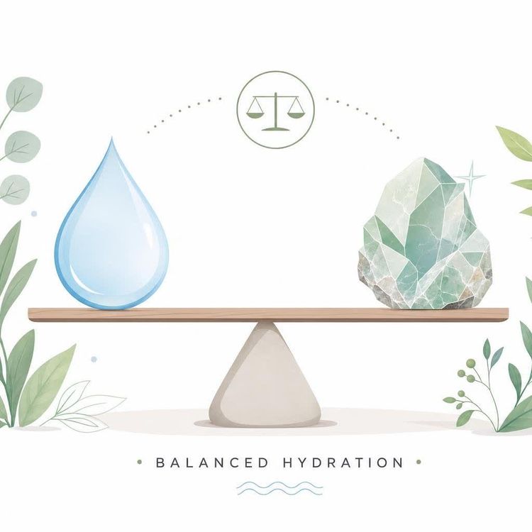An illustration showing a large blue water droplet balanced on a scale with a large greenish-grey crystal, symbolizing balanced hydration. The text 'BALANCED HYDRATION' is written below the scale, surrounded by subtle leafy accents.