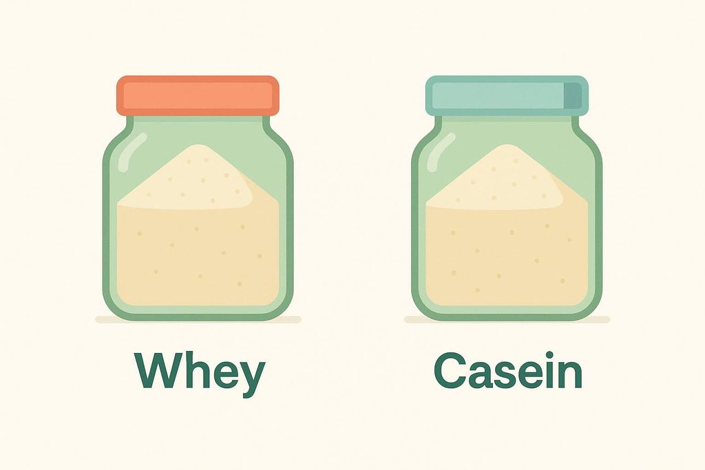 An illustration showing two jars of protein powder. The jar on the left is labeled 'Whey' and has an orange lid. The jar on the right is labeled 'Casein' and has a blue-green lid.