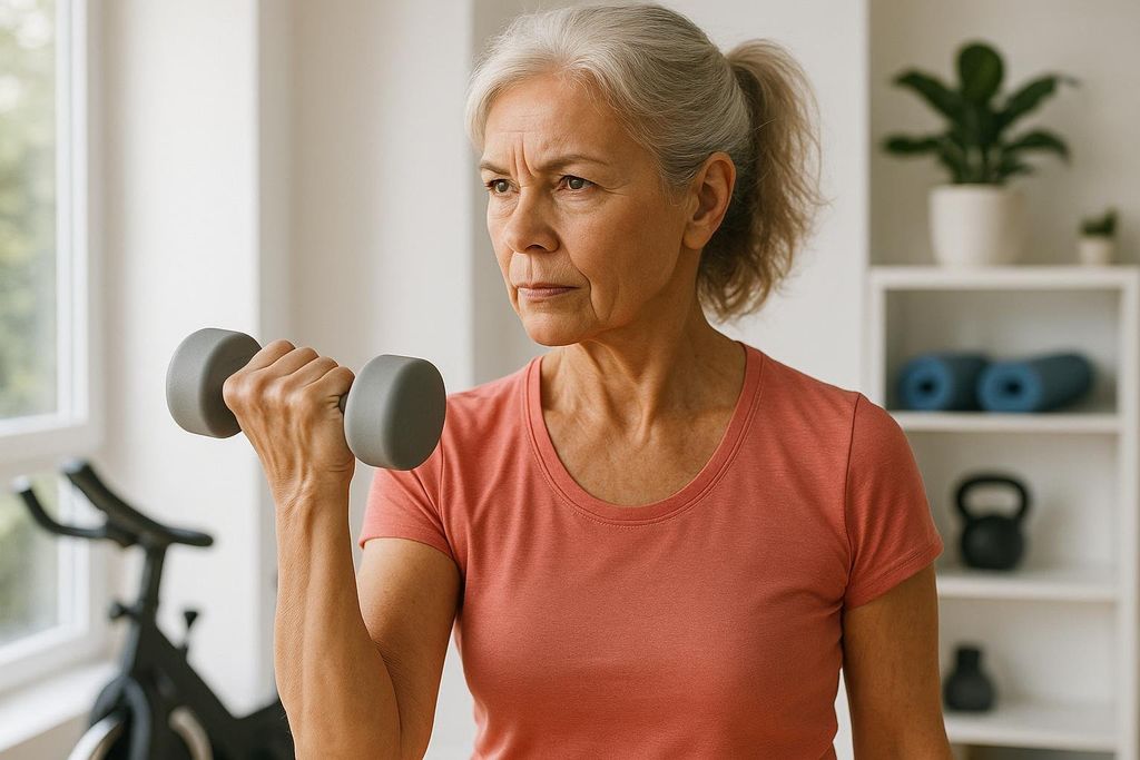 An older woman with grey hair in a ponytail lifts a grey dumbbell, focusing intently. She is wearing a salmon-colored t-shirt. The background shows a portion of a stationary bike and a white shelf with a plant and yoga mats.