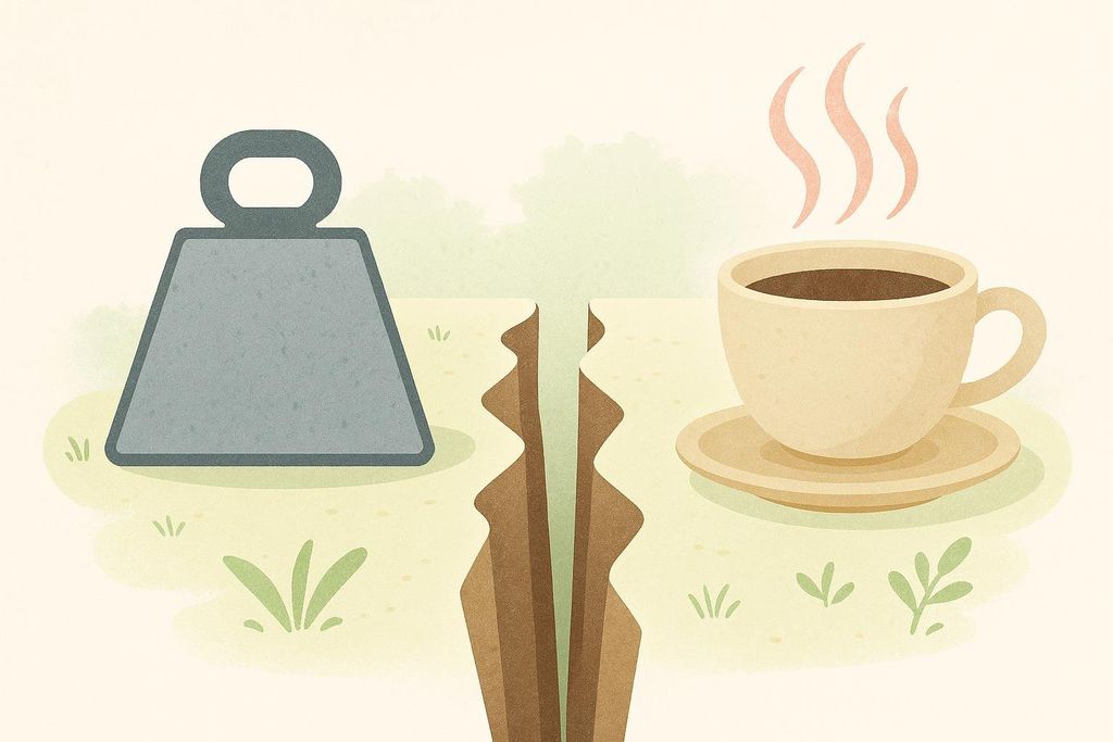 An illustration showing a heavy iron weight on one side of a deep chasm, and a steaming cup of coffee on the other side, symbolizing a separation or divide between these two items.