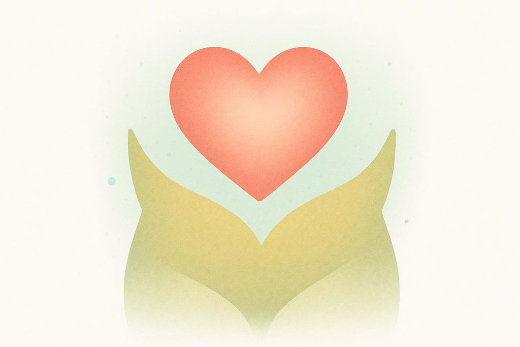 A symbolic illustration of a pastel pink heart centrally placed above two curved, light green shapes that represent lower-body fat, against a light background with subtle blue speckles. This image represents the health benefits of gynoid fat distribution.