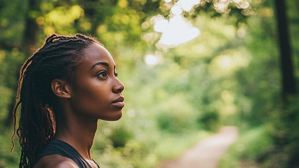 A young black woman with dreadlocks looks off to the side, with trees and a path visible in the background.