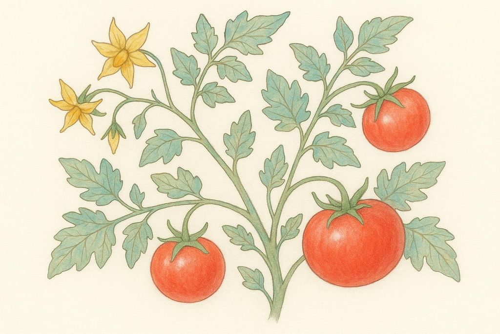 A botanical illustration of a tomato plant with vibrant green leaves, three ripe red tomatoes, and two yellow flowers on a creamy background.