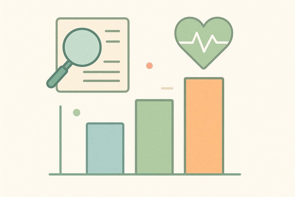 An illustration showing a bar chart with rising bars, a magnifying glass over a paper with lines, and a heart with a heartbeat line, representing health data analysis and progress.