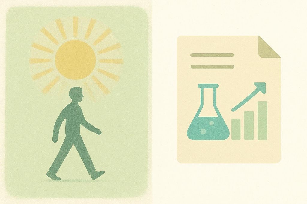 Illustration contrasting a vintage marketing graphic of a person walking under a sun with a modern scientific symbol showing a flask and a bar graph illustrating the evolution of understanding step goals.