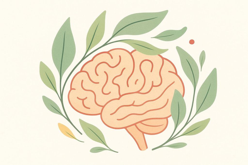 An artistic flat illustration of a human brain surrounded by green leaves and a single red dot, suggesting growth, health, or natural protection.