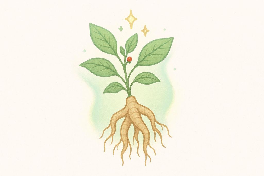 Illustration of a vibrant green ashwagandha plant with a red berry, showing its detailed brown roots, surrounded by a faint green glow and sparkling elements.