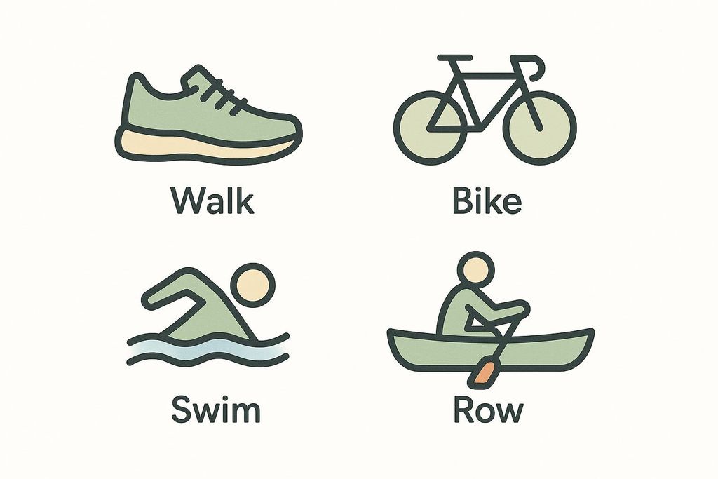 Four stylized icons for walk, bike, swim, and row illustrating LISS modalities