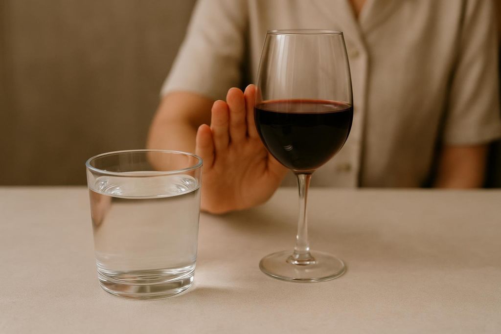 A person's hand pushes back a glass of red wine, while a glass of water sits nearby. This image suggests a choice of sobriety over alcohol or a healthy alternative.
