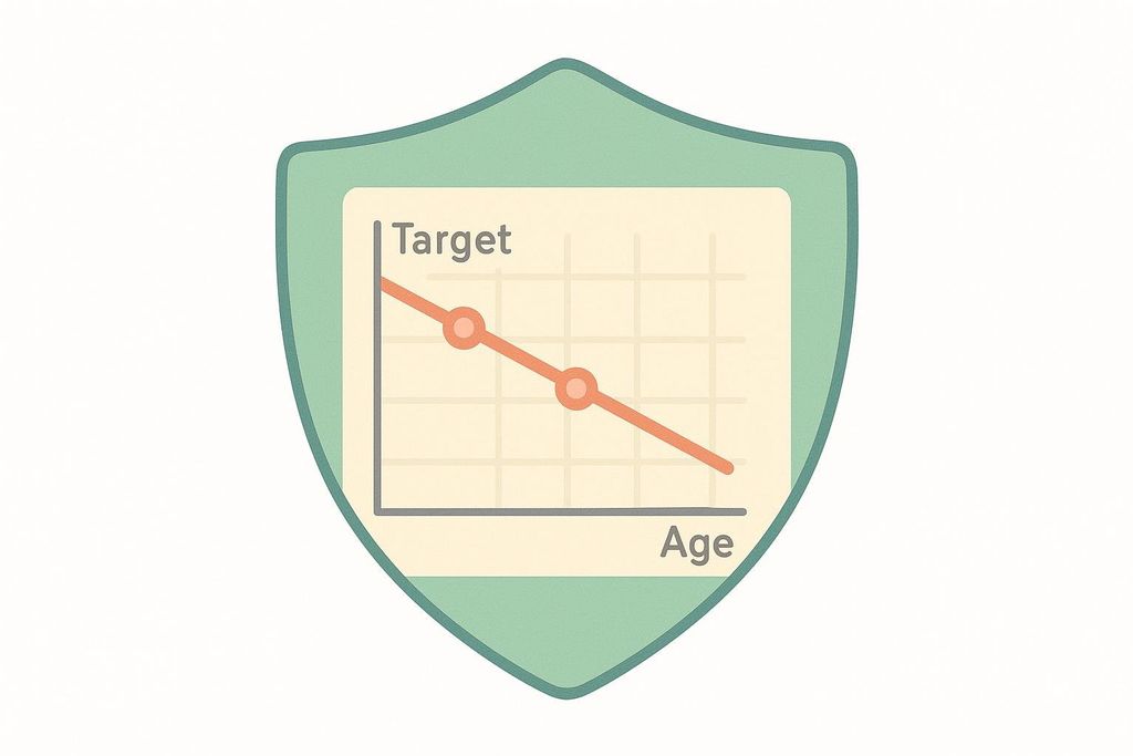 A line chart showing a downward trend with 'Target' on the y-axis and 'Age' on the x-axis, all contained within a shield icon.