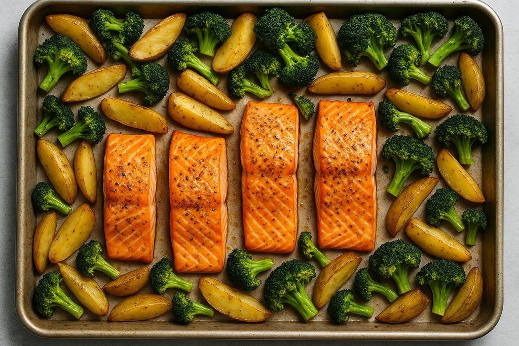 Four cooked salmon fillets with roasted potato wedges and broccoli florets arranged on a sheet pan, ready to serve.