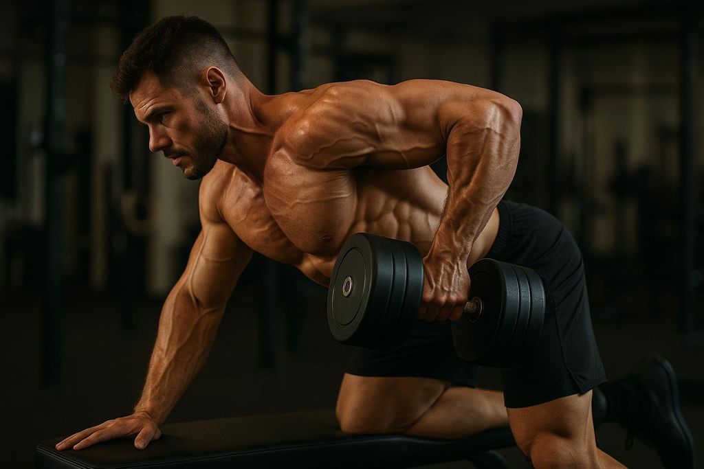 A very muscular man with visible veins is performing a dumbbell row in a gym. He is kneeling on one knee and resting his other hand on a bench while lifting a heavy dumbbell with his right arm, highlighting his prominent back and shoulder muscles.