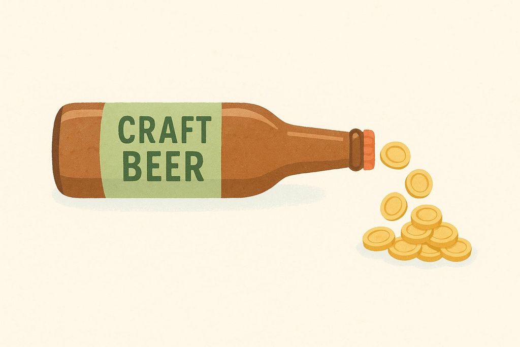 An illustration of a brown craft beer bottle lying on its side, with gold coins pouring out of its opening and forming a small pile. The label on the bottle reads 'CRAFT BEER'.