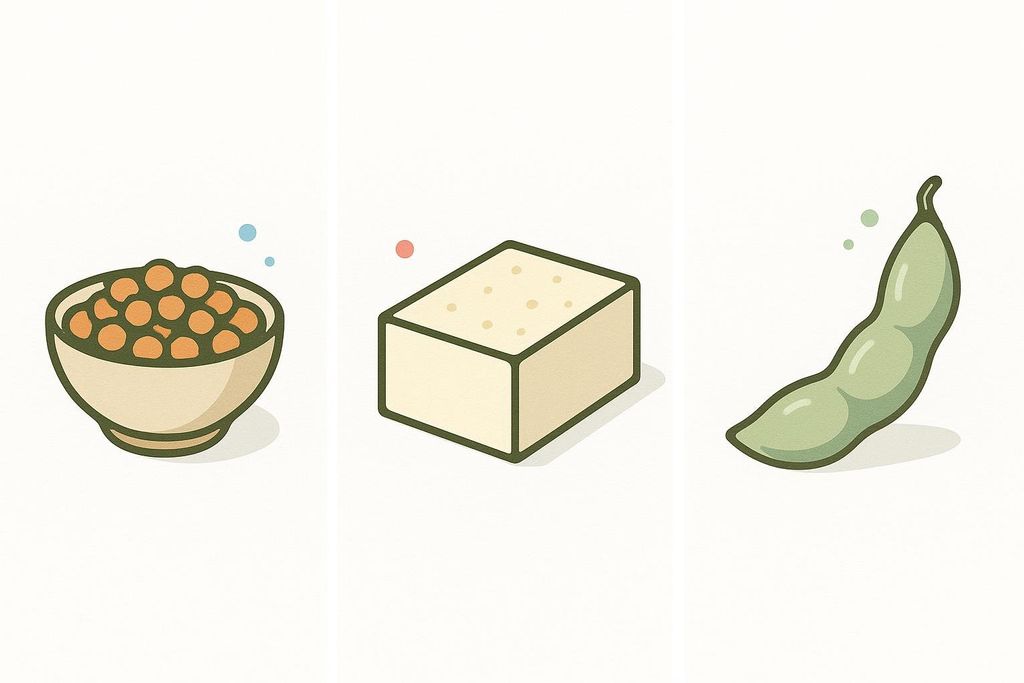 A stylized illustration showing three plant-based protein sources: a bowl of lentils, a block of tofu, and an edamame pod.