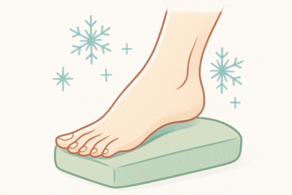 A stylized ankle resting on a soft pillow with light cool icy elements overhead.